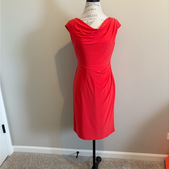 Ralph Lauren Red Ruched Sheath Dress Cowl Neck - Picture 2 of 6